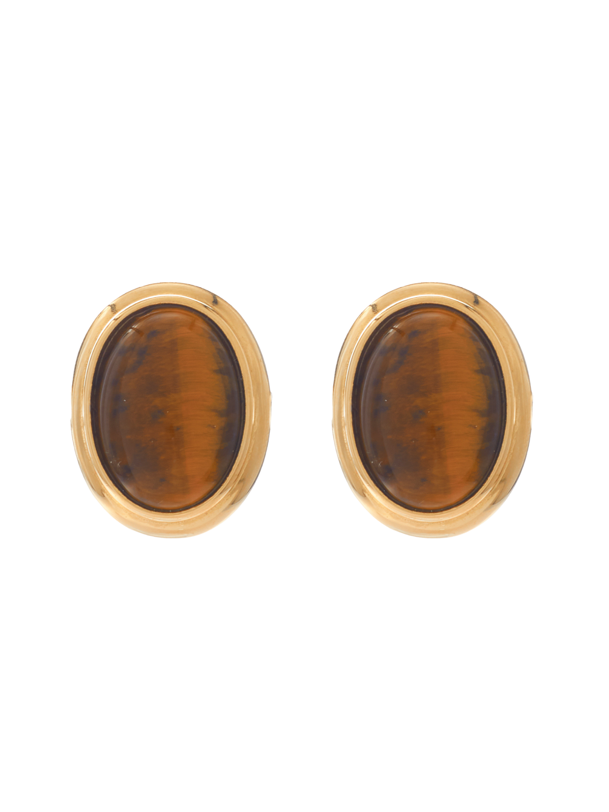 Gold Plated Oval Earrings with Cateye Brown Stone