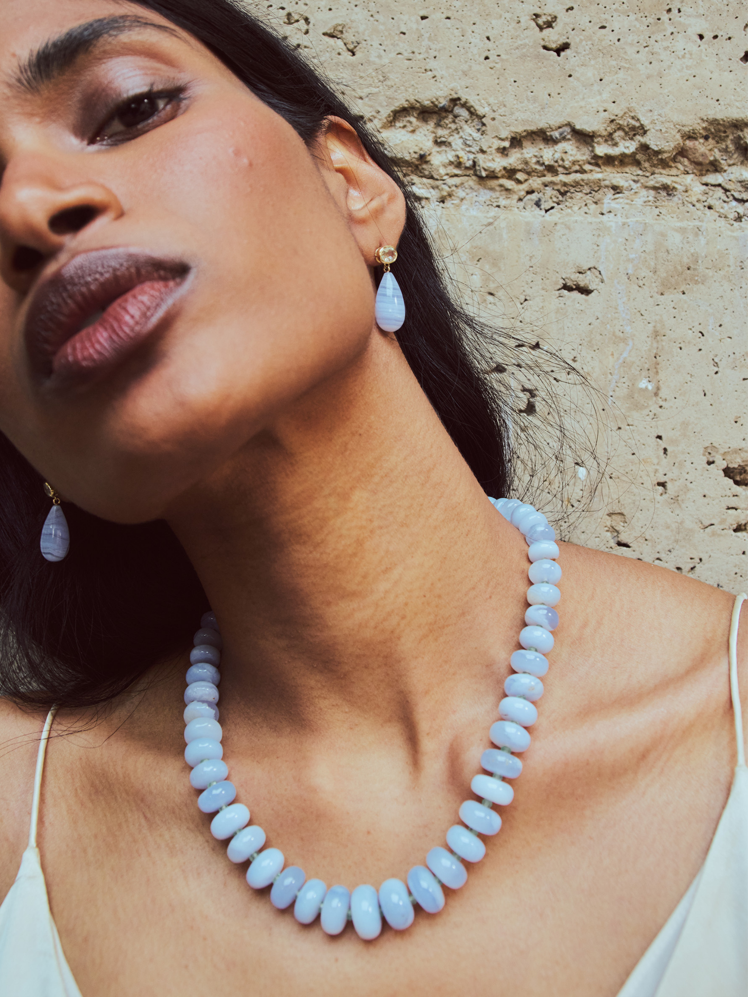 Blue Chalcedony, Emerald & 14k Gold Necklace
