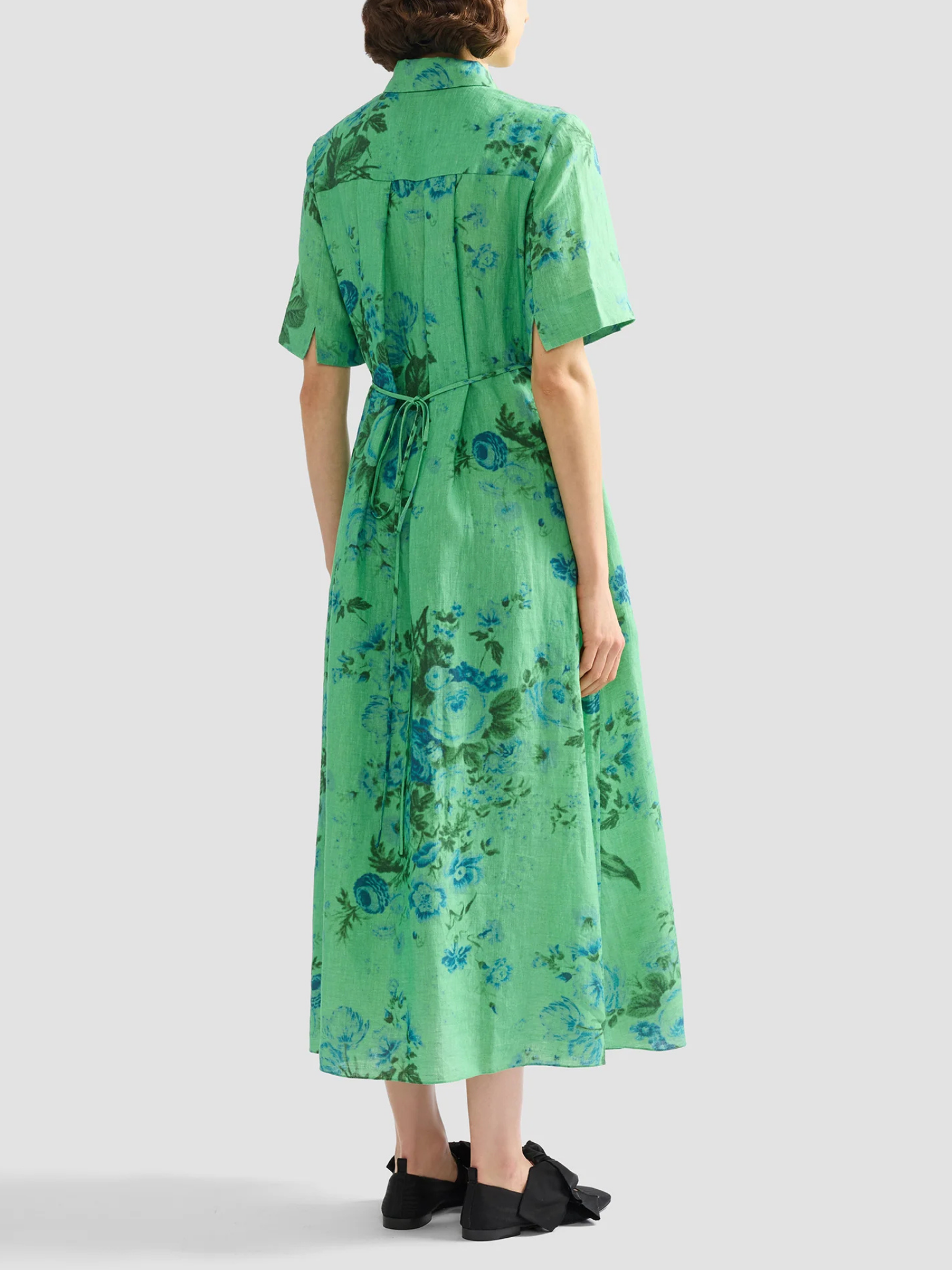 Floral Print Linen Tie-Waist Midi Shirt Dress