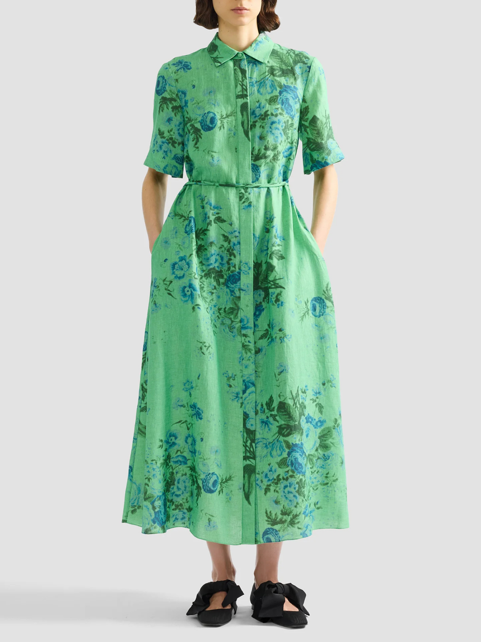 Floral Print Linen Tie-Waist Midi Shirt Dress
