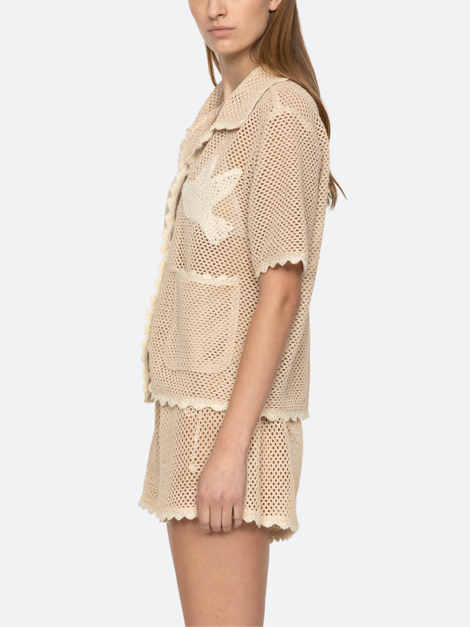 Sea NY Sally Crochet Short Sleeve Shirt in Tan