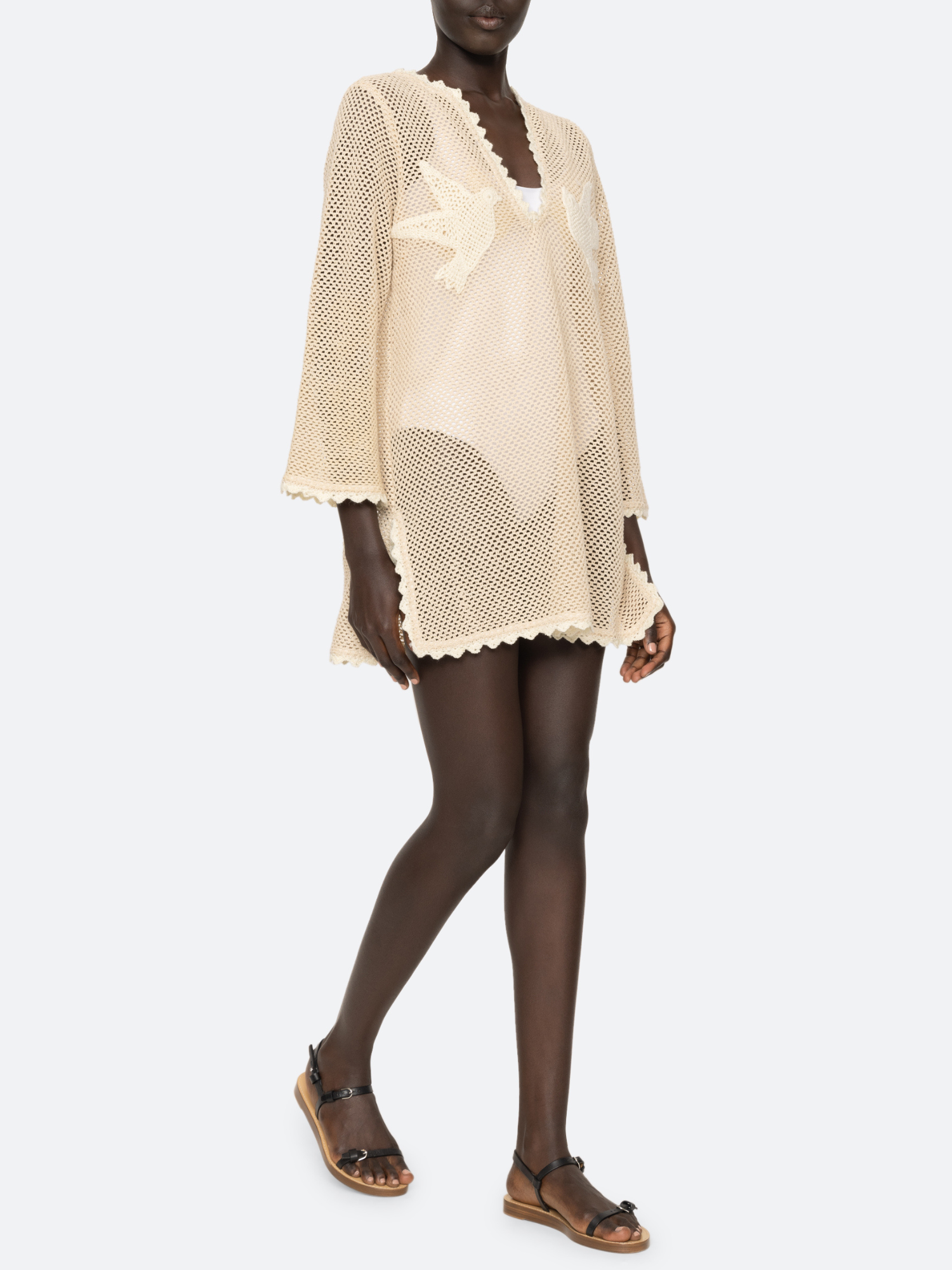 Sea NY Sally Crochet Long Sleeve Mini Dress in Tan