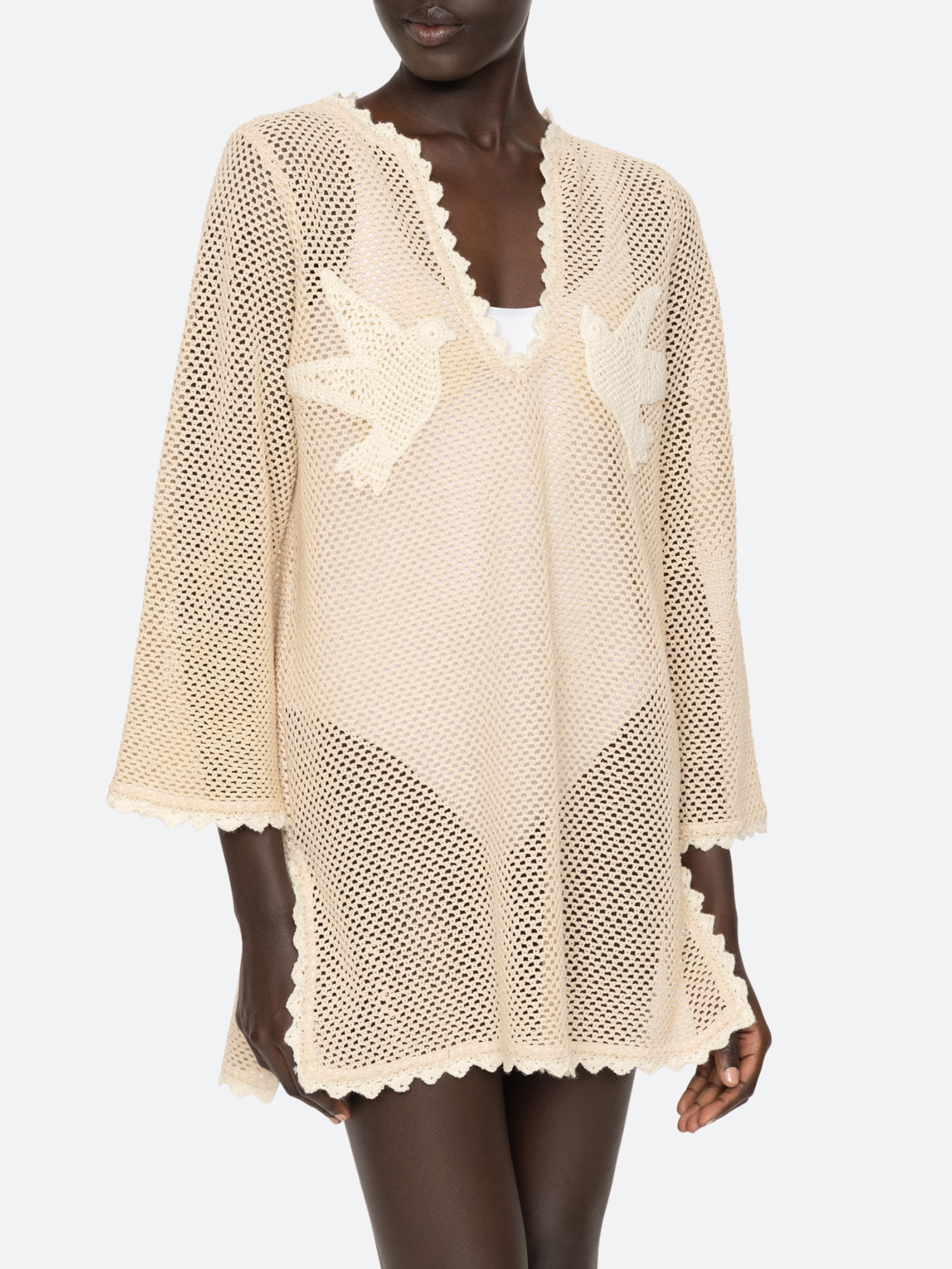 Sea NY Sally Crochet Long Sleeve Mini Dress in Tan