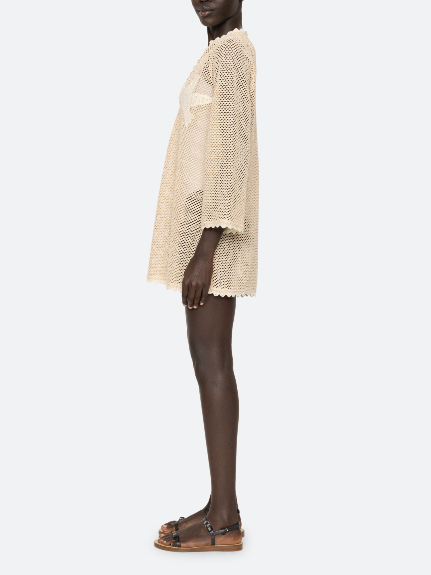 Sea NY Sally Crochet Long Sleeve Mini Dress in Tan