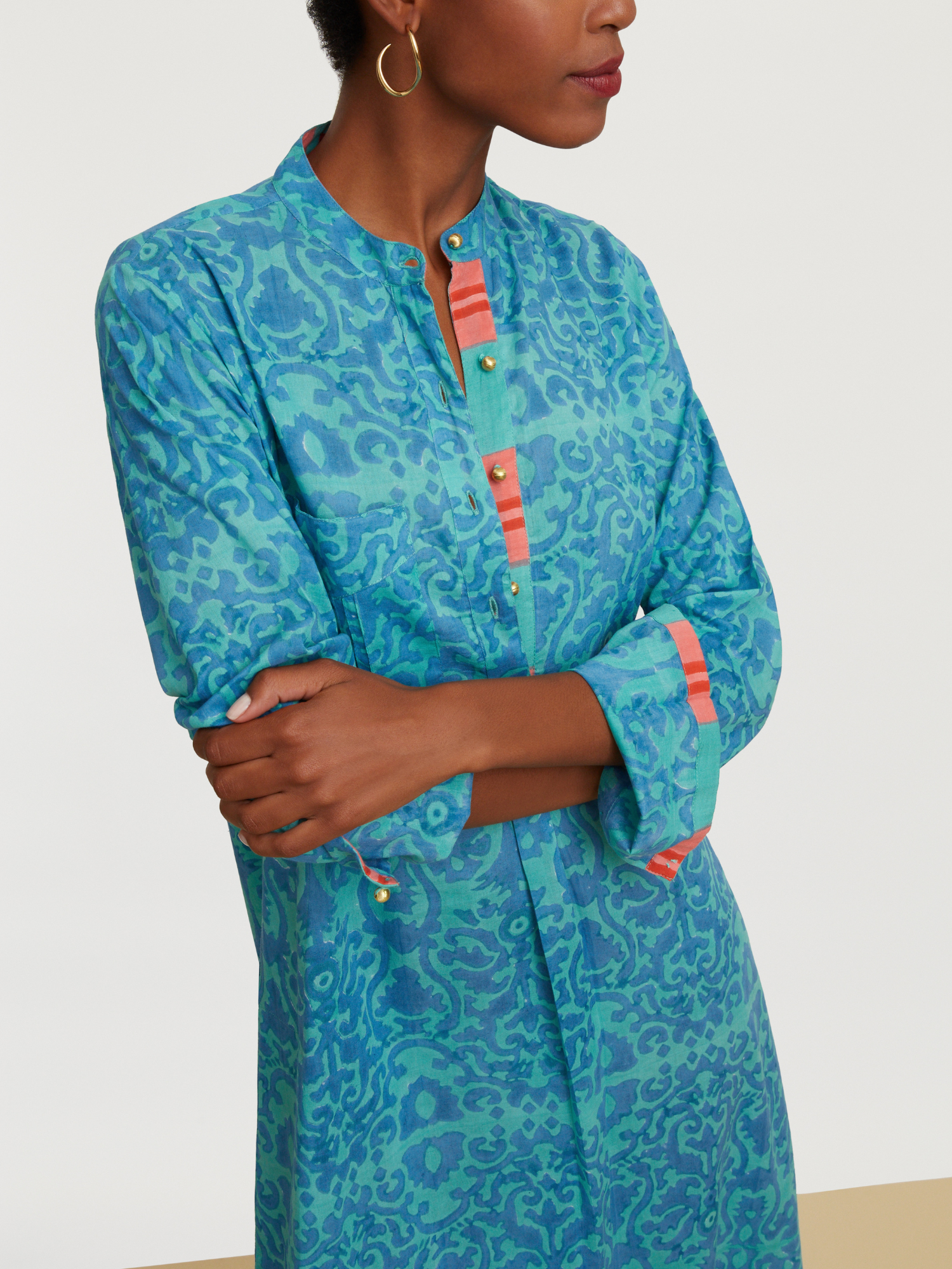 Lisa Corti Long Kurta Dress in Damask Design Blue