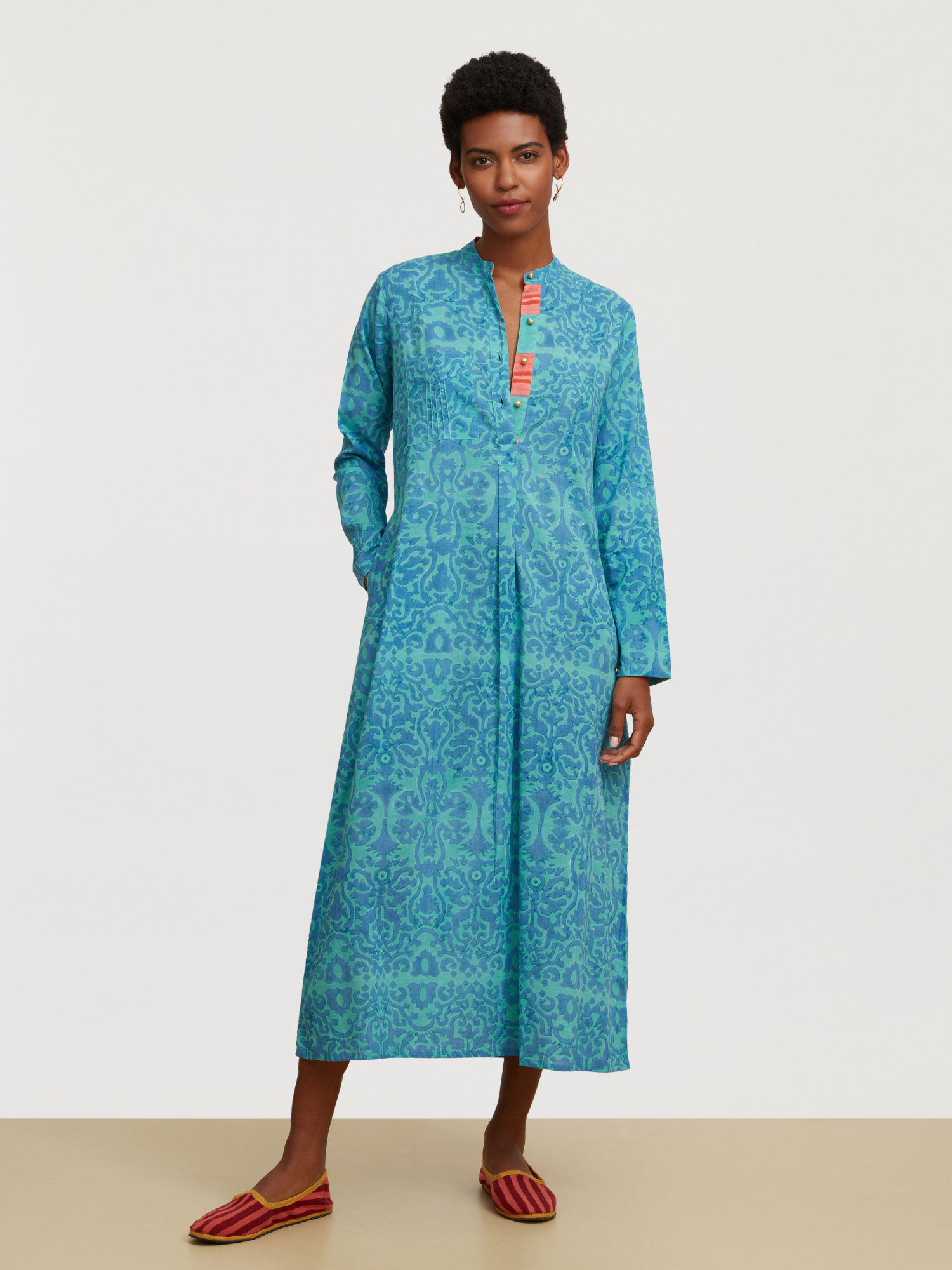 Lisa Corti Long Kurta Dress in Damask Design Blue