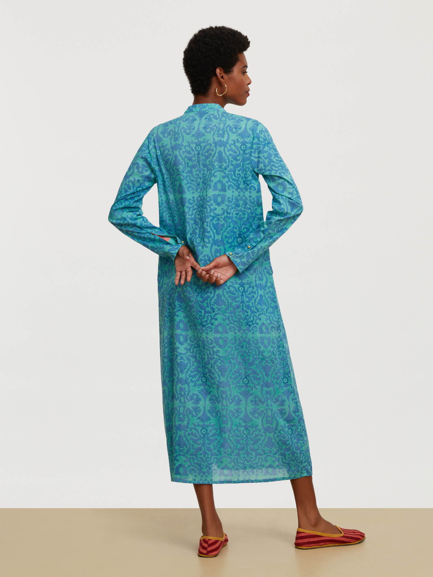 Lisa Corti Long Kurta Dress in Damask Design Blue