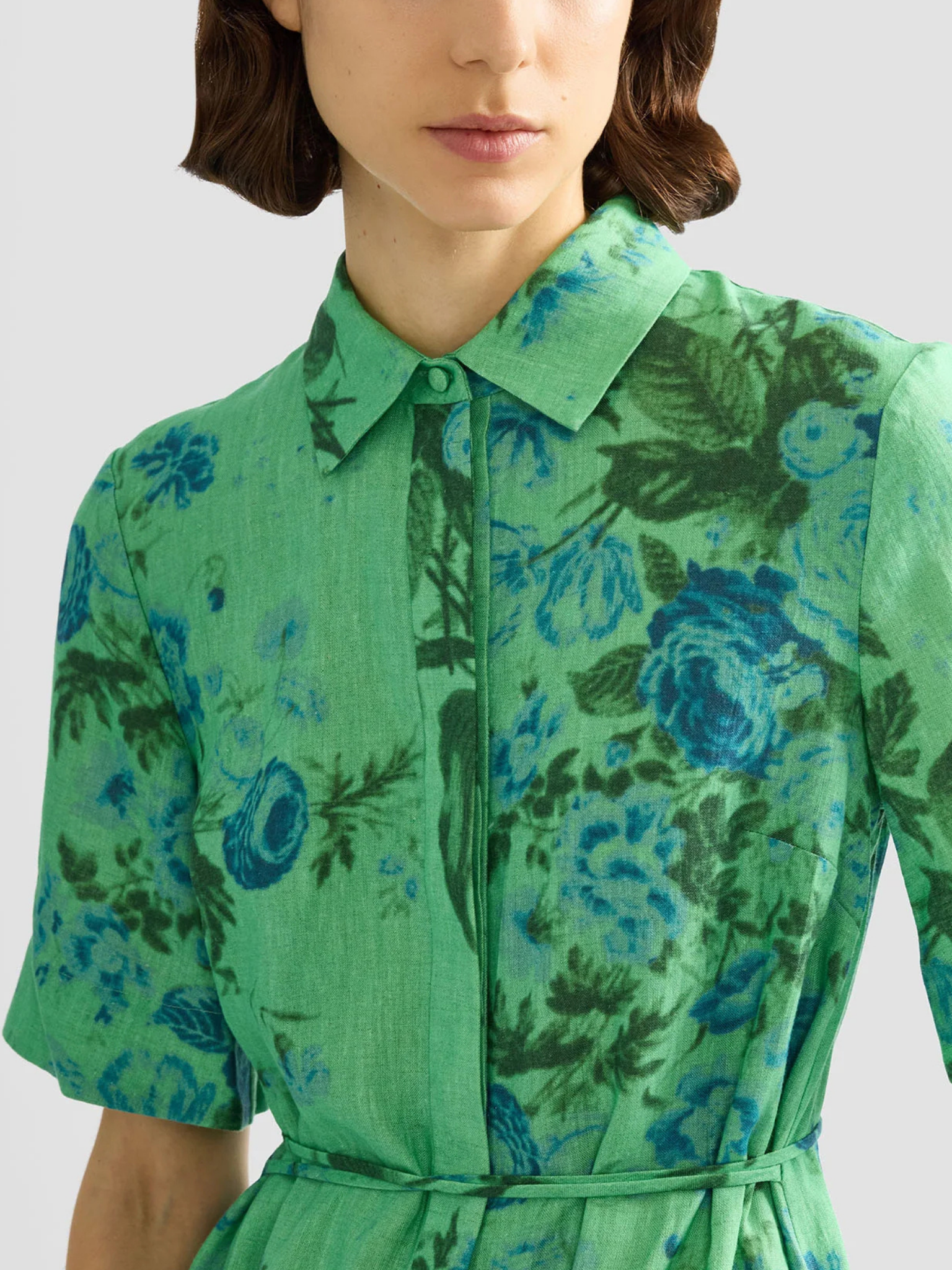 Floral Print Linen Tie-Waist Midi Shirt Dress