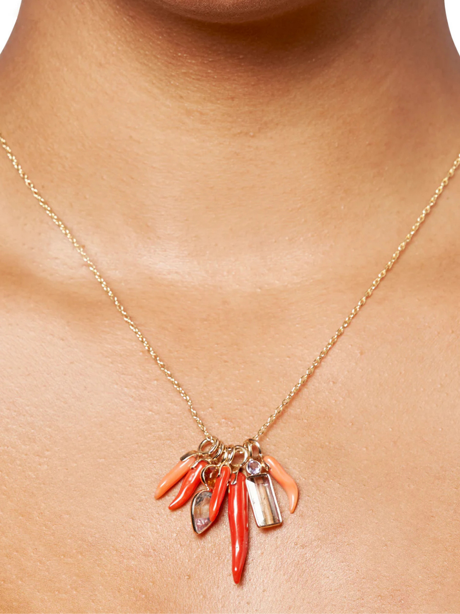 Dark Red Long Coral Horn 14k Gold Necklace Charm